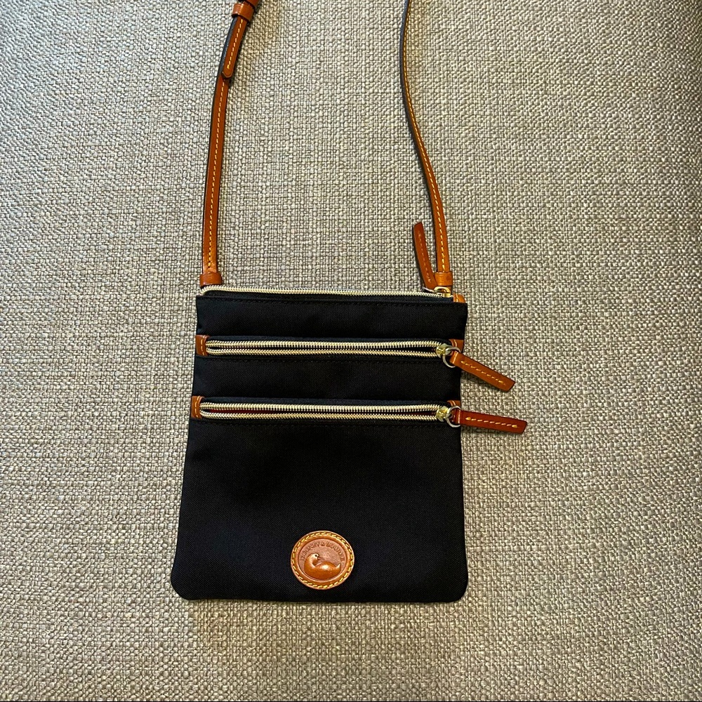 Casual Sophication Dooney & Bourke Black Nylon Crossbody with Tan Leather Trim